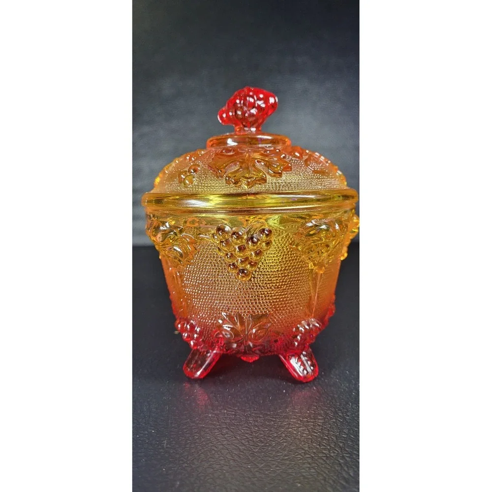 Vintage Jeannette Glass Amberina Glass Footed Candy Bowl Dish W Lid Grape